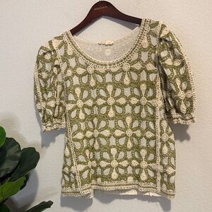 Solitaire Green and Cream Floral Crochet Blouse